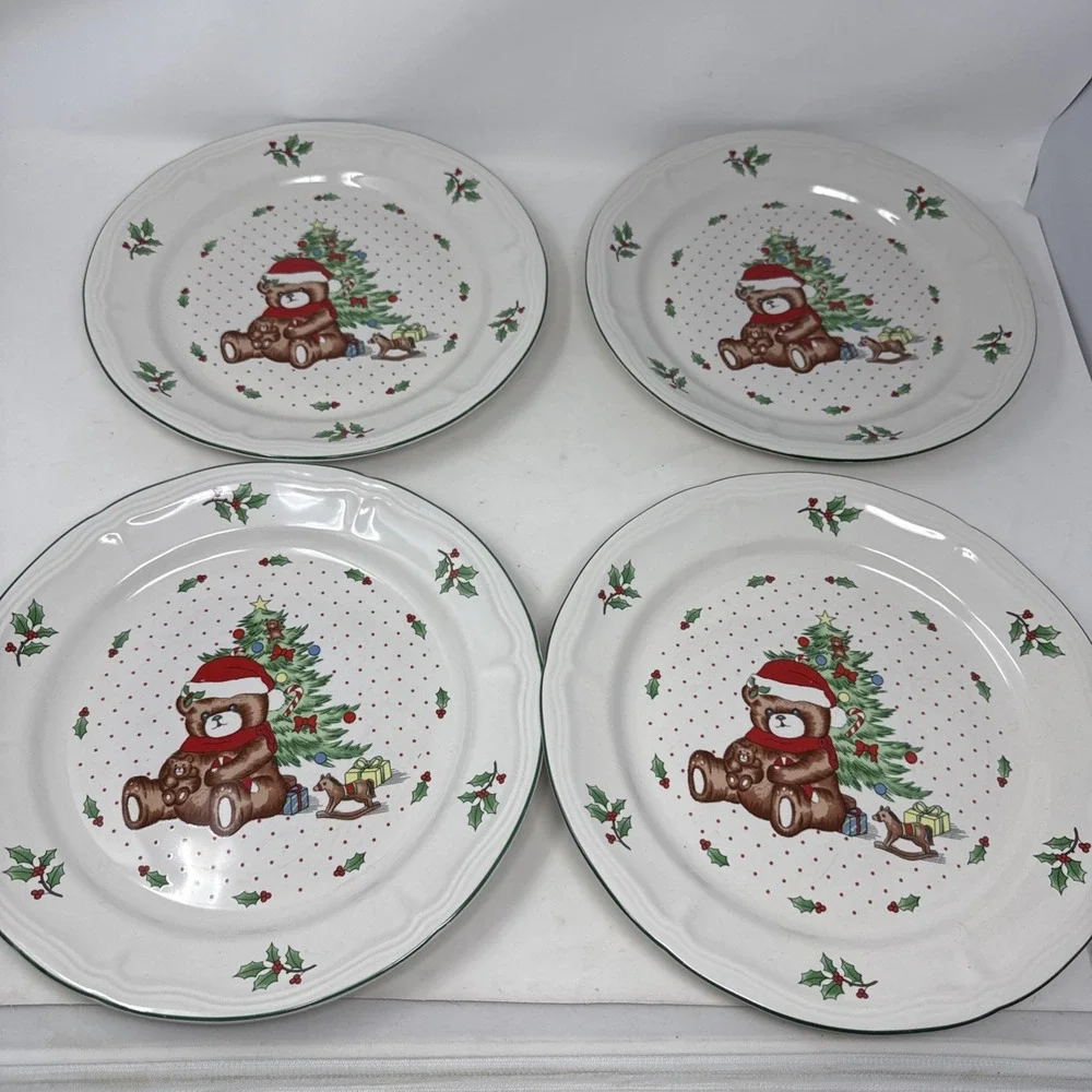 Vintage Christmas Tree Bear Teddy Plate Cup Set Stoneware 4 Dinner 4 Salad 3 Cup